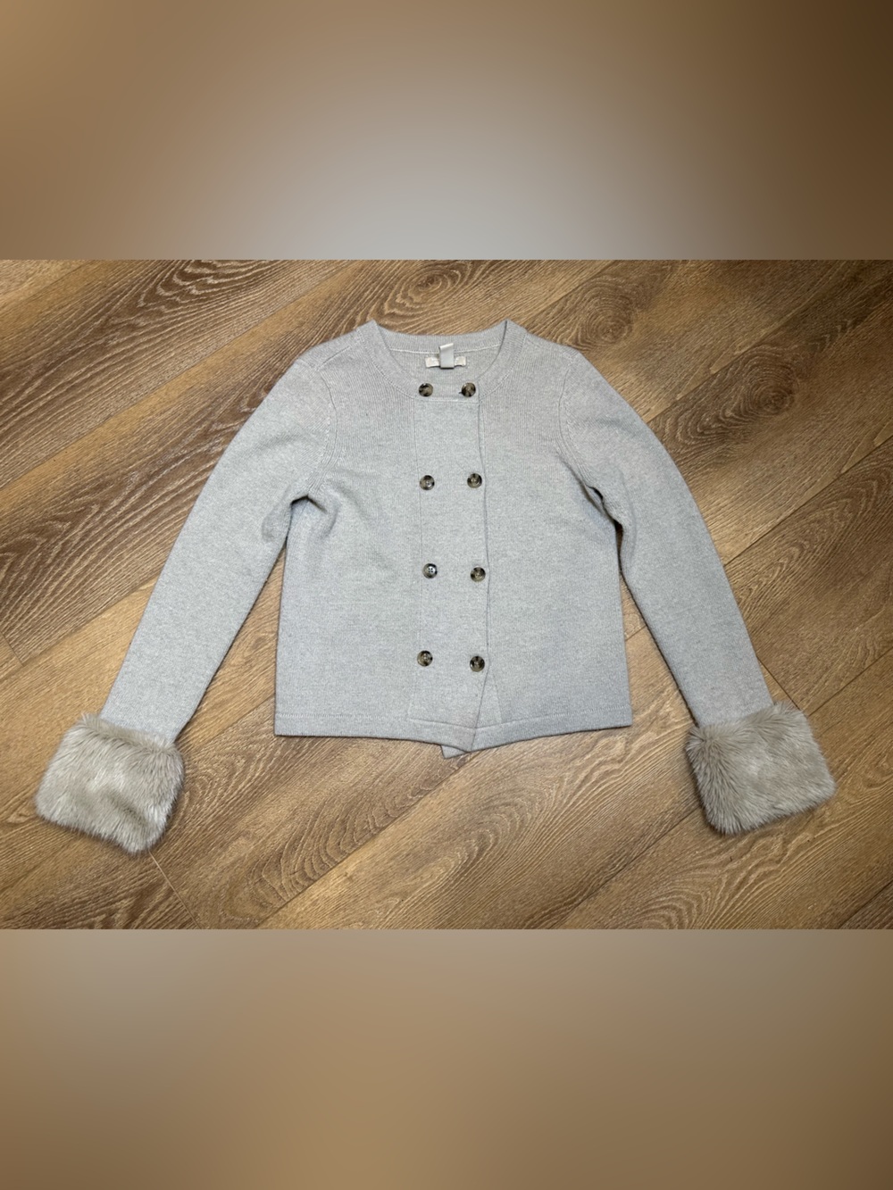 Banana Republic Beige Cashmere Blend Double Breasted Cardigan w Faux Fur Cuffs M